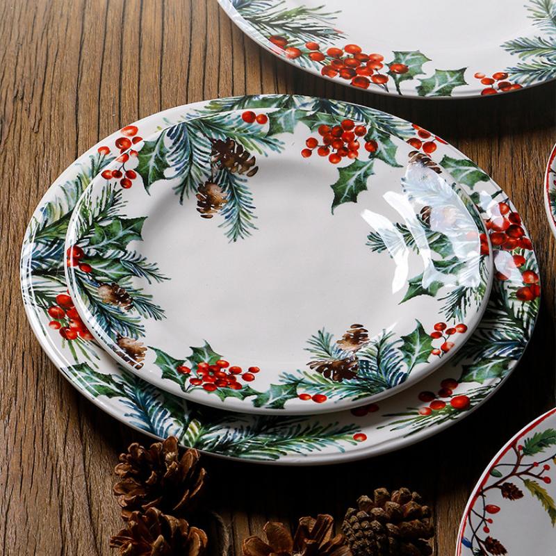 Creative Christmas Ceramic Plate for Dinner Exquisite Round Breakfast Fruit Snack Dessert Dish Household Santa Claus Tableware