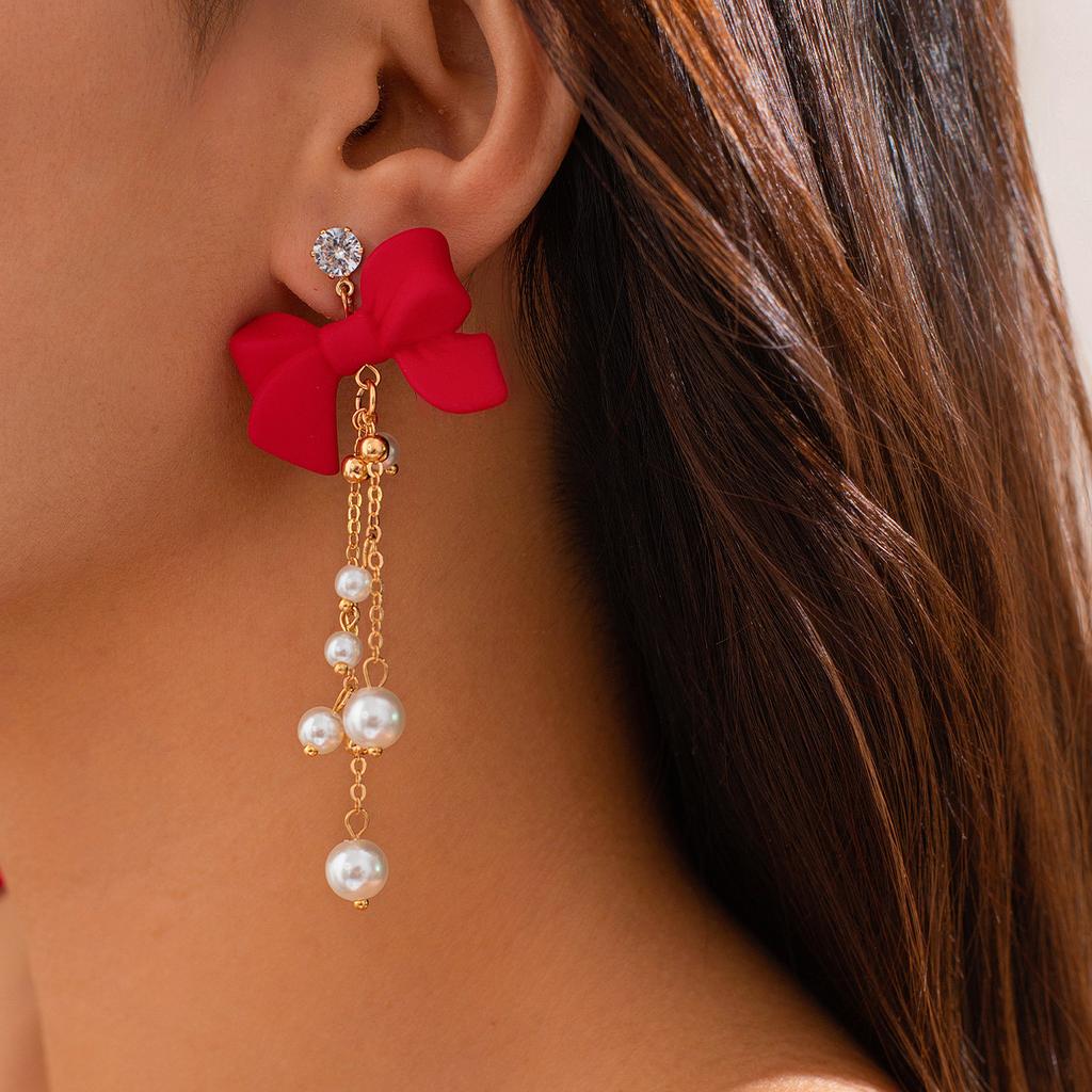 Ins Sweet Cool Red Bow Earrings Female Earrings Temperament Imitation Pearl Fringed Ear Jewelry
