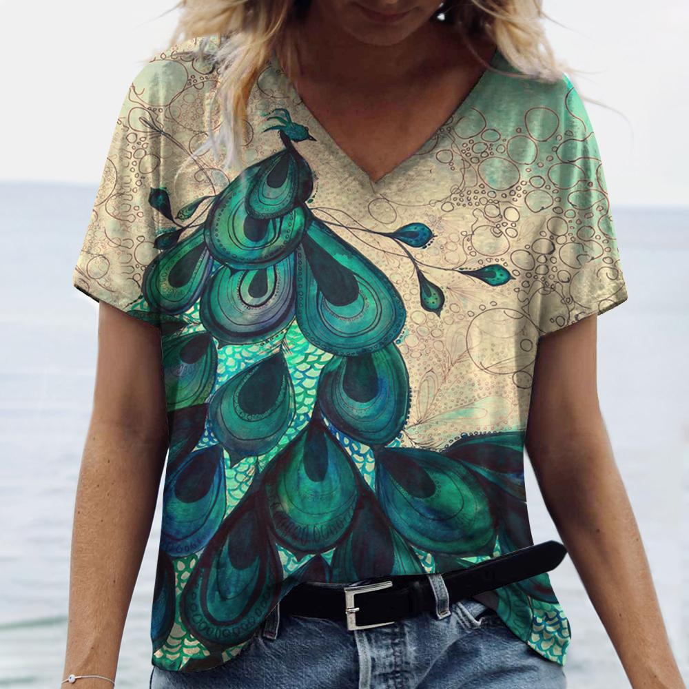 Summer V Neck Women T-Shirts Peacock Feather Graphic Fashion Short Sleeve Harajuku Y2k Top Oversized Casual Female T Shirt