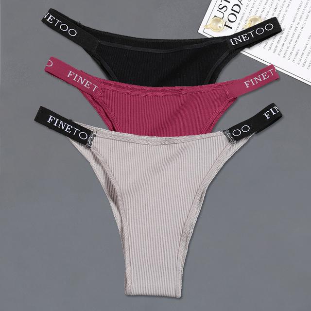 FINETOO Хлопковые трусики, 3 шт./компл., нижнее белье бикини с низкой посадкой, женские трусы с поясом и надписью, женские удобные трусы, женские трусики