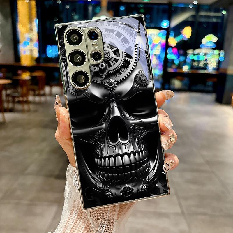 Металлическая Костяная Голова Gear Электролитическое Серебро Чехол для Телефона Для Samsung Note 10 20 A06 A07 A12 A13 A14 A15 A16 A17 A22 A23 A25 Стеклянная Крышка
