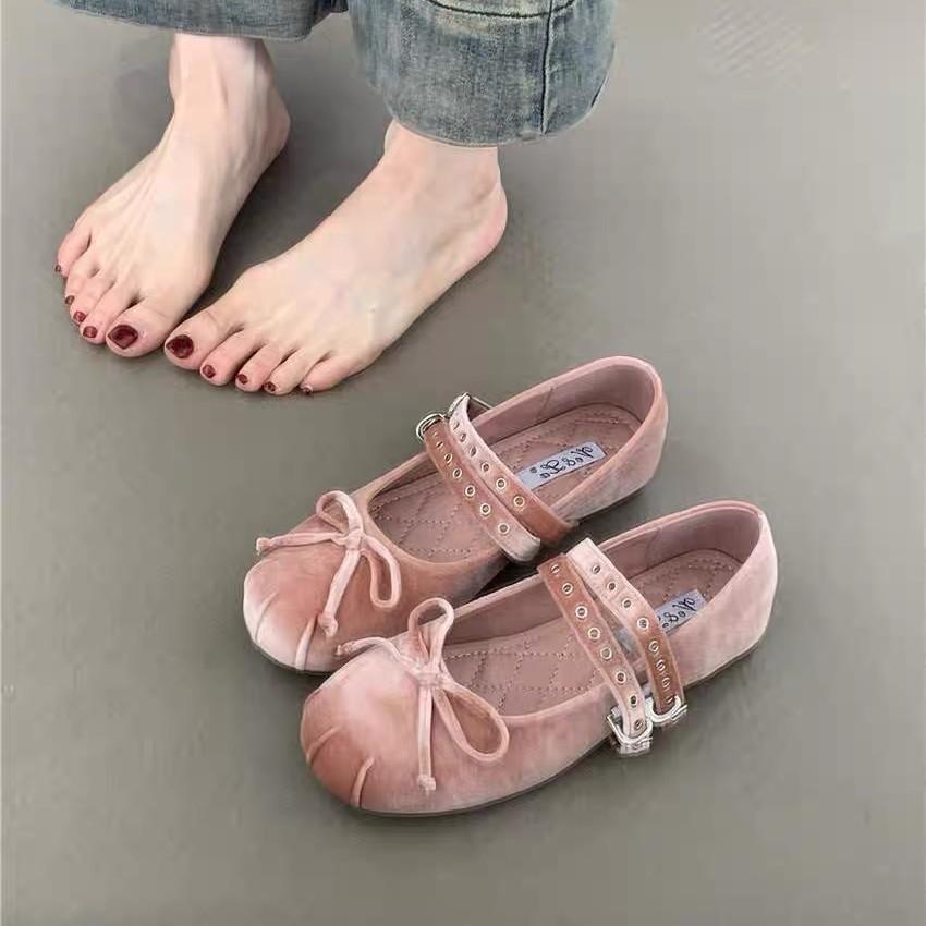 Fashion Flat Shoes for Women 2025 Spring and Autumn New Velvet Bow Mary Jane Round Toe Shallow Mouth Flat Ballet Shoes Single Shoe
