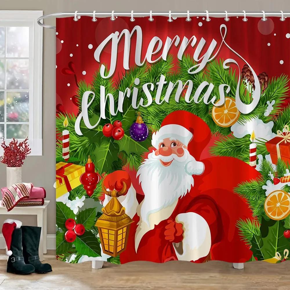 Merry Christmas Shower Curtain Winter Red Truck Snowman Reindeer Snow Farmhouse Shower Curtain Washable Polyester Bathroom Decor