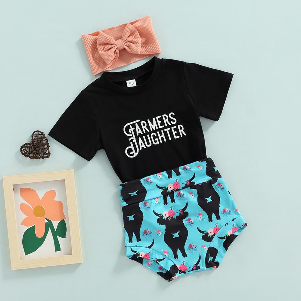 Летняя черная футболка для маленьких девочек + шорты с принтом крупного рогатого скота + повязка на голову, комплект из 3 предметов, одежда для детей от 0 до 24 месяцев