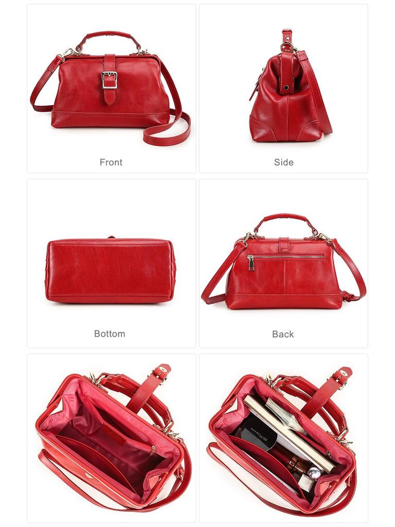 Full-Grain Cowhide Convertible Women's Shoulder Handbag with Metal Hinge Buckle