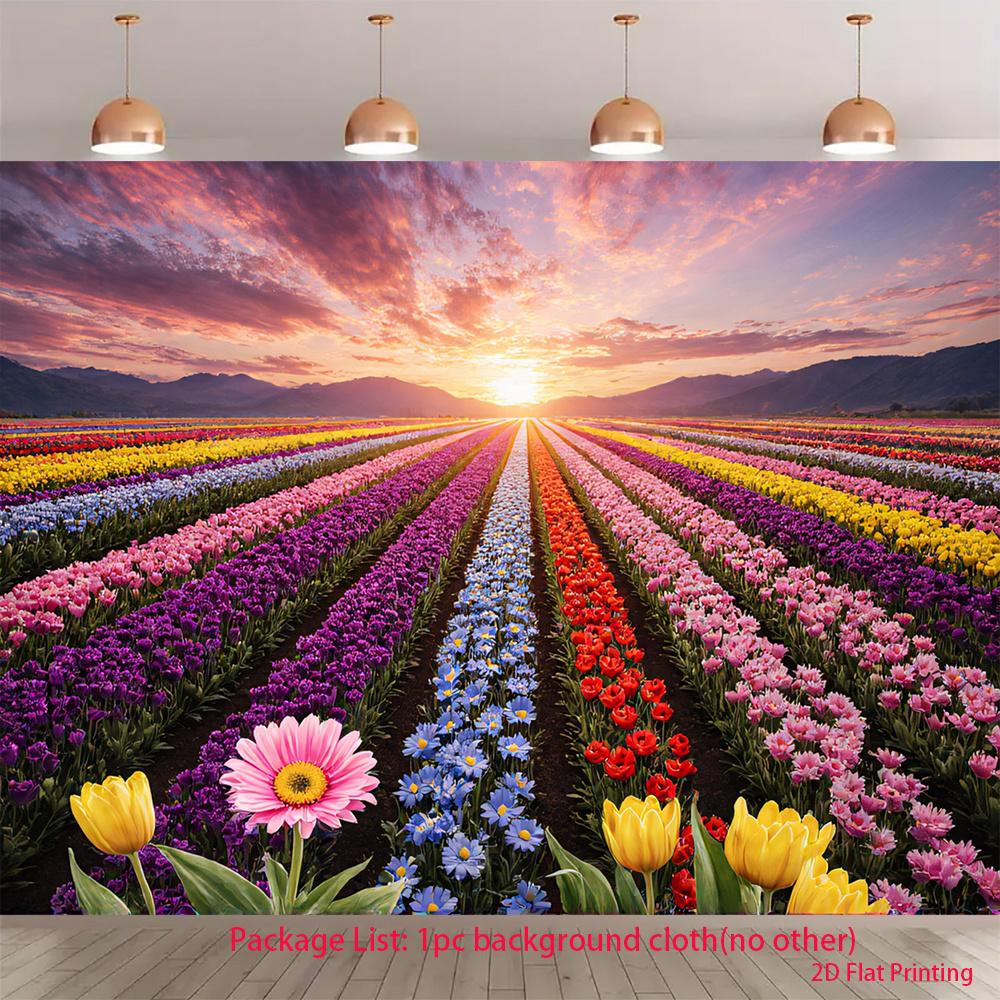 A 2D plane landscape of a dreamy flower field, filled with bright flowers and a magical atmosphere