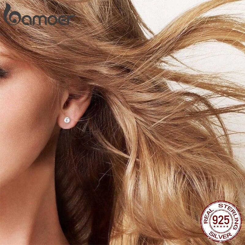 Женские серьги-гвоздики BAMOER из стерлингового серебра 925 пробы с жемчужными бусинами, модные мини-гвоздики, ювелирные изделия