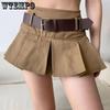Плиссированные юбки трапециевидной формы с поясом, женские коричневые короткие юбки с высокой талией Y2K, женские винтажные однотонные универсальные тонкие мини-юбки
