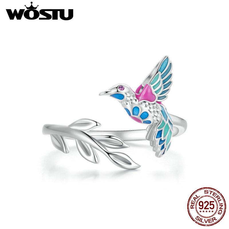 WOSTU 925 Sterling Silver Hummingbird Open Ring Colorful Enamel Bird Adjustable Rings With Zircon Eyes Nature Jewelry for Women