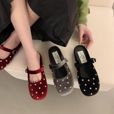 Ретро красные туфли-лодочки с круглым носком и стразами, женские 2025, французский темперамент, балетки, туфли Мэри Джейн, полусабо