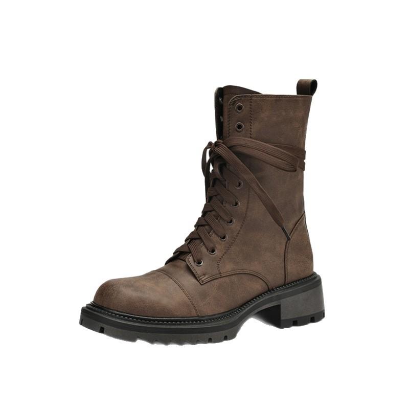 Дорожные кожаные коричневые милые крутые на среднем каблуке ботинки Мартин женские летние ботинки Синьцзян 2025 новые британские шнурованные короткие ботинки