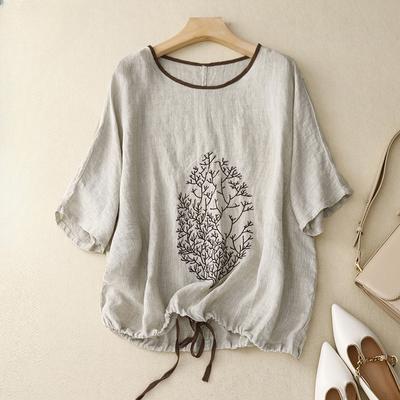 Винтажная повседневная свободная хлопково-льняная футболка с короткими рукавами и вышивкой, летняя футболка большого размера, женская рубашка, верхняя одежда
