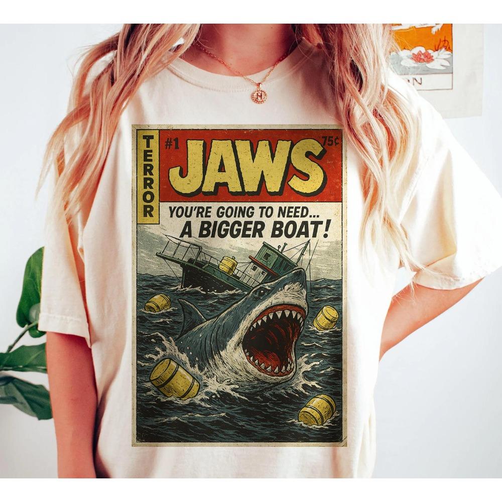 2026 Vintage Cream Giant Shark Boat Comic Graphic T Shirt Retro Horror Oversized Short Sleeve Casual Tops Unisex
