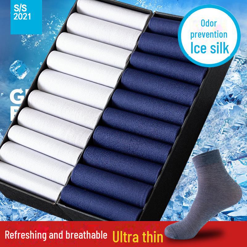 Men's Summer Ice Silk Thin Breathable Deodorant Mid-Tube Black Business Socks