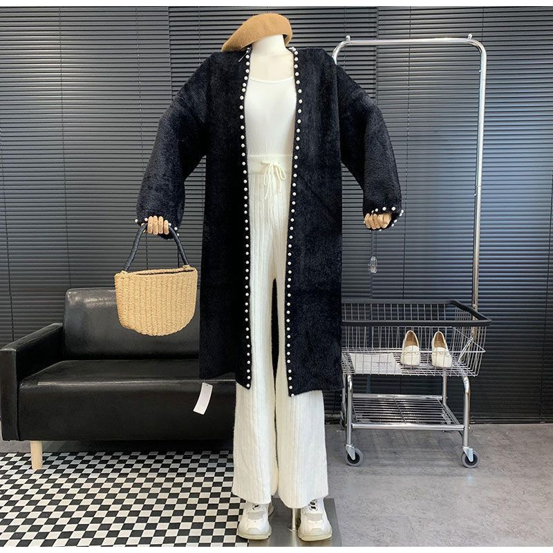 Women's Mink Fleece Cardigan Jacket Autumn and Winter Midi Beaded Knitted Cardigan Loose Casual Over-the-knee Knitted Sweater Coat