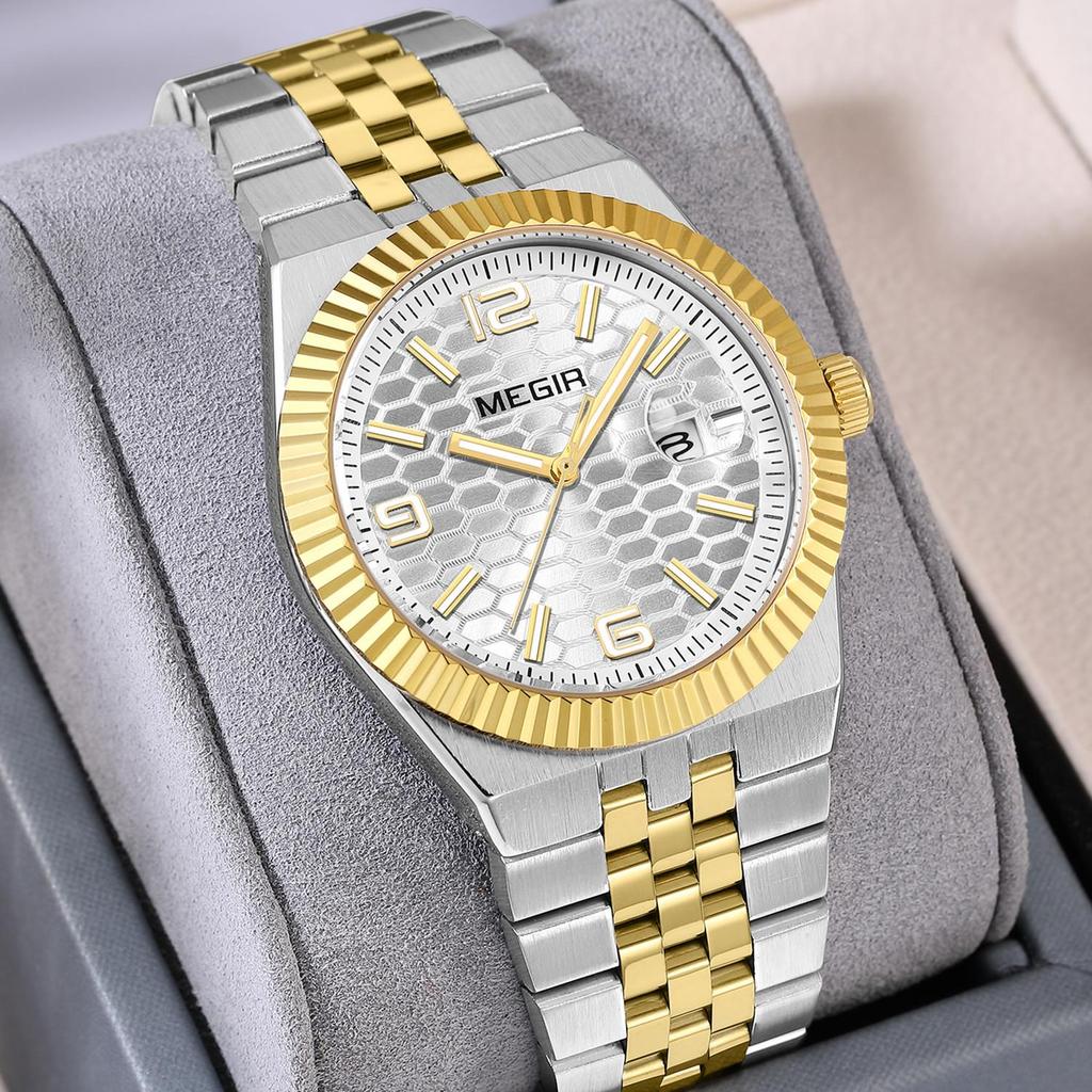 Megir Часы мужские наручные с большим циферблатом, деловые, для отдыха, из нержавеющей стали, водонепроницаемые, люминесцентные, с автодатой, подарок для мужчин, Reloj Hombre 1101