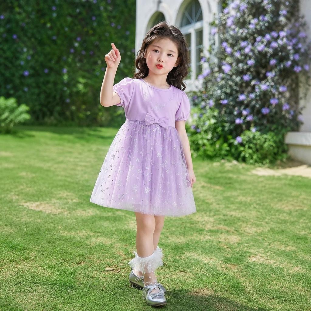 Girls Summer Tulle Mesh Princess Dress with Short Sleeves and Puff Skirt