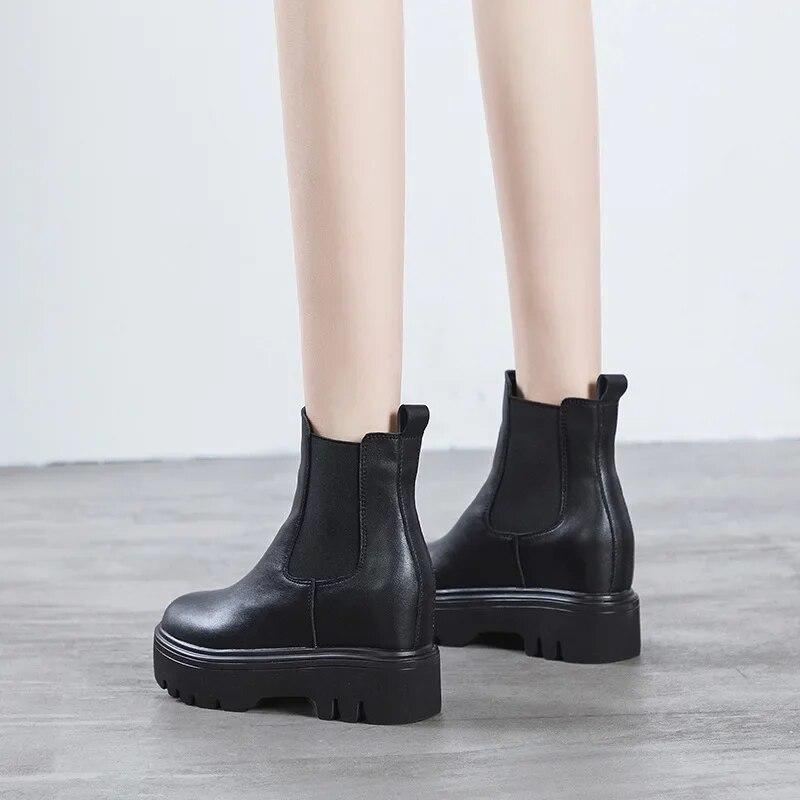 Fujin, 8 см, 2023, натуральная кожа, ботильоны «Челси», осень-зима, плюшевые теплые ботинки на платформе до середины икры, женская весенняя обувь в Риме