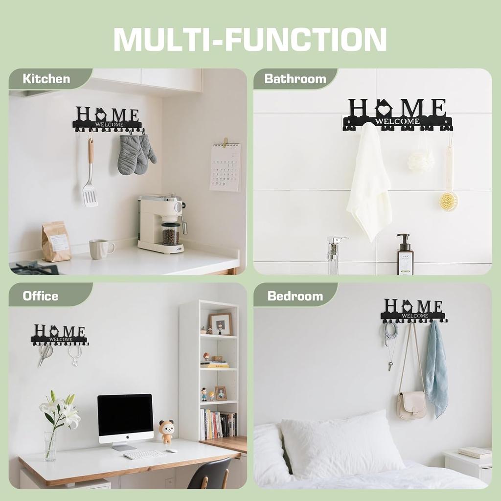 Настенный держатель для ключей, Металлический крючок для ключей на клейкой основе с 6 двойными крючками, 2 способа крепления, Черный