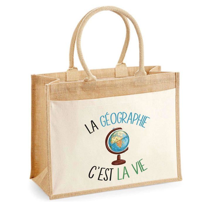 Sac de plage - PLANETEE - Jute avec poche Géographie C'est la vie - Coton naturel - Multicolore - 43x33 cm