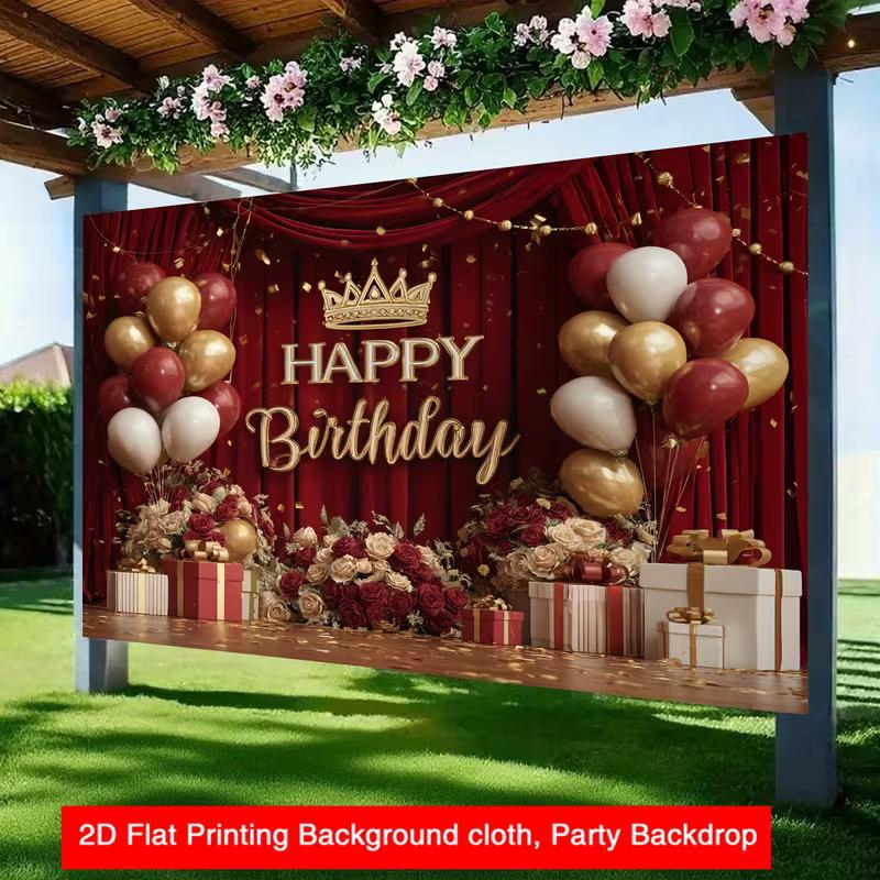 2D Burgundy Gold Happy Birthday Banner, Luxury Crown Party Decor Backdrop