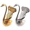Stainless Steel Dinnerware Set Swan Base Holder with 6 Spoons for Coffee Fruit Dessert Stirring Mixing Spoon