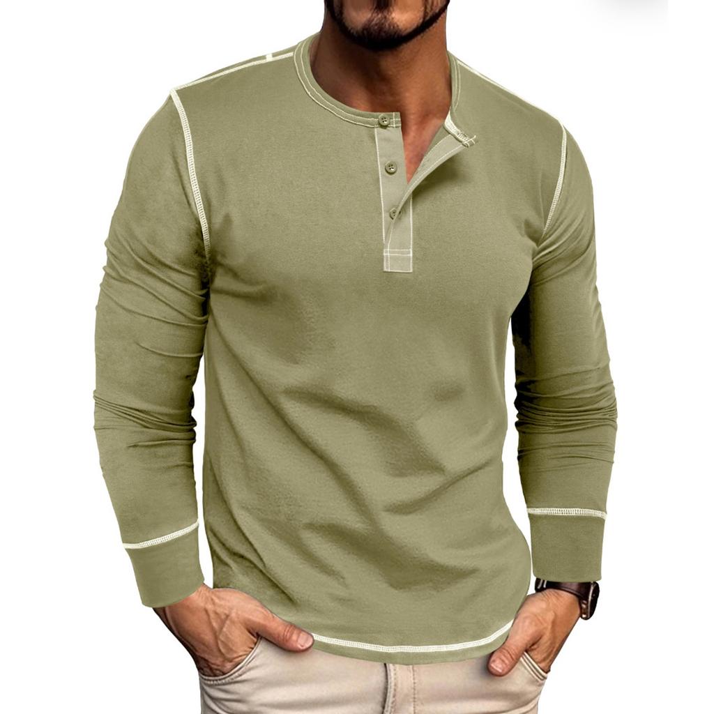 Men's Long Sleeve Shirt Men's Round Neck Button T-Shirt Color Block Top