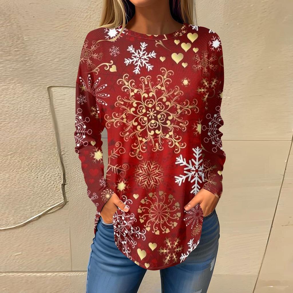 Футболки для женщин, осенние повседневные рубашки с длинным рукавом, толстовки с винтажным графическим принтом, топы, пуловеры, рождественские