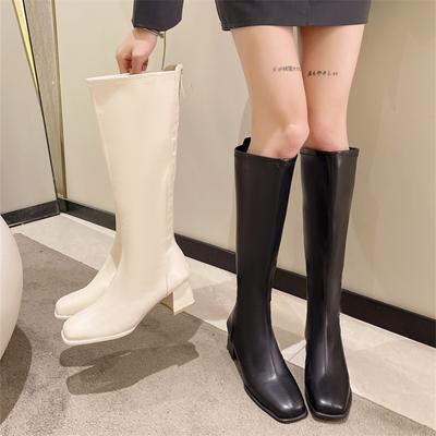 Новые осенние и зимние модели сапог до бедра на толстом каблуке, универсальные узкие сапоги в рыцарском стиле, квадратные сапоги на среднем каблуке, эластичные узкие сапоги