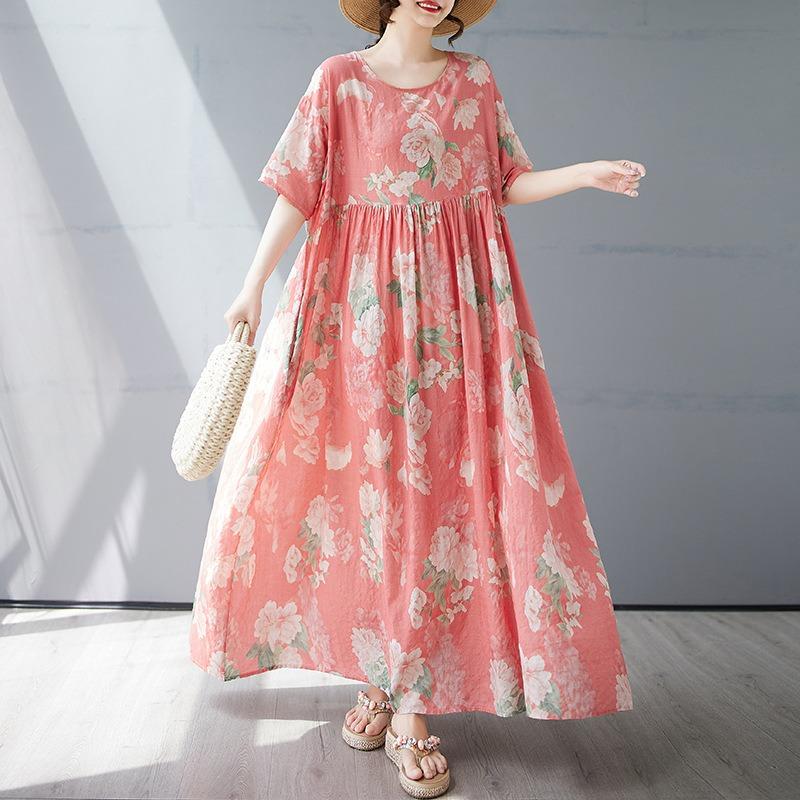 Летнее новое простое богемное длинное платье, расширенное и увеличенное, с короткими рукавами и круглым вырезом, с принтом, женская одежда