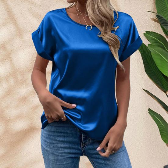 O-Neck Short Sleeve Loose Fit Women T-shirt Solid Color Smooth Satin Tops Streetwear