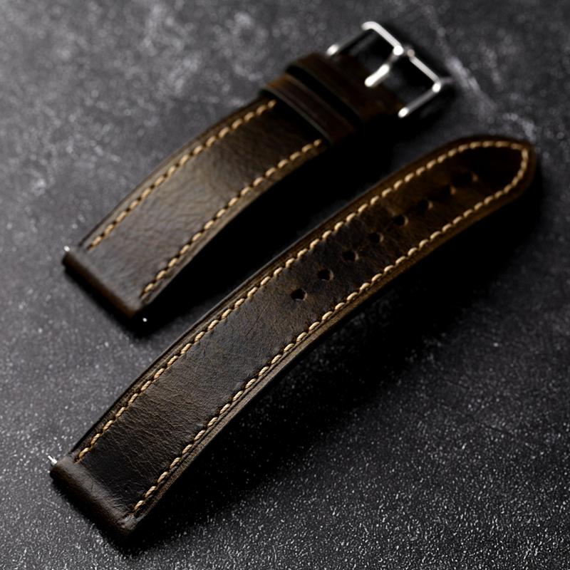 For Handmade First Layer Cowhide Leather Watchband 18 19 20 22 24MM Glossy Oil Wax Leather Blue Brown Men Watch Bracelet Vintage
