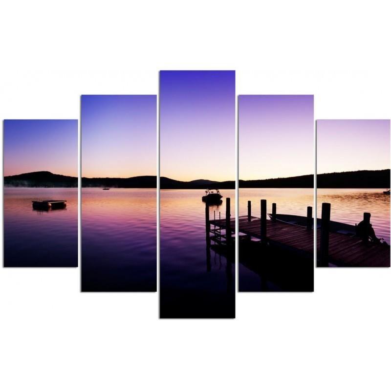 Feeby Five piece picture canvas print, Harbour and lake on a summer morning