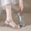 Fashion Women's Summer New Style with Skirt Temperament High Heels Fashion and Versatile French Silver Rhinestone Sandals