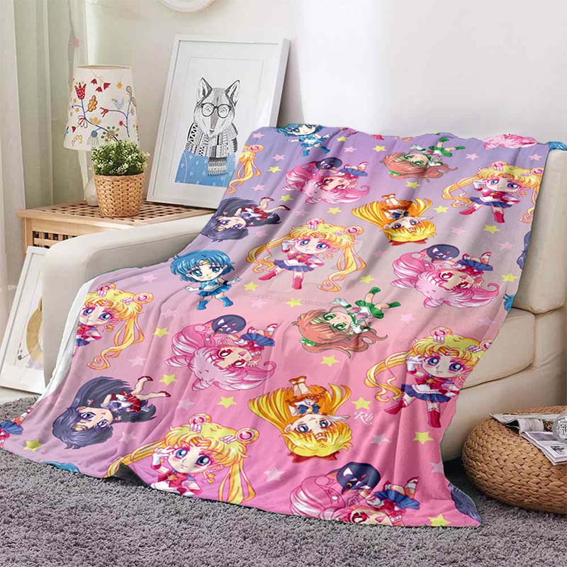 HD S-Sailor M-Moon Flannel Throw Blanket 3D Cartoon Print Soft Warm Lightweight Sofa Bed Cover Girls Bedroom Travel Decor Gift