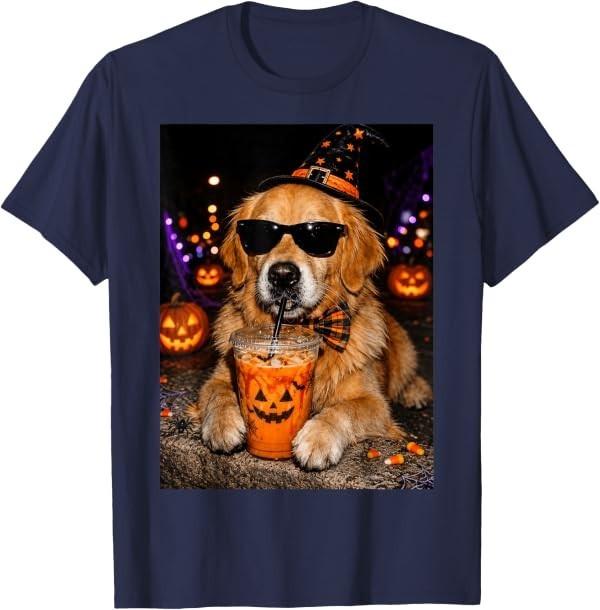 Golden Retriever Drinking Iced Coffee Funny Halloween Dog T-Shirt