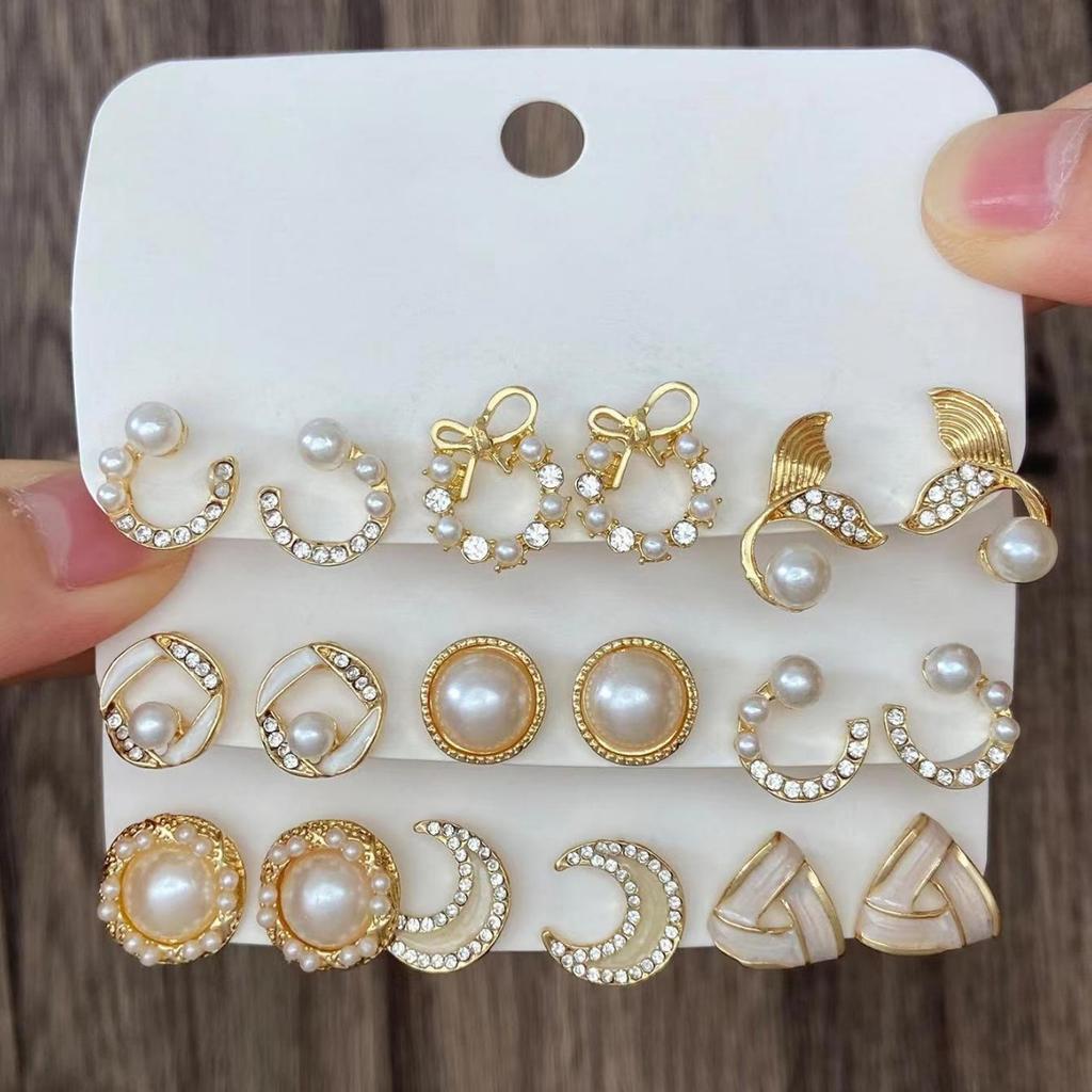 2026 Взрывные Серьги Серьги Геометрические Квадратные Серьги Ретро Жемчуг Набор Открыток Сплав Серьги Комбинация Серег