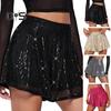 Женские шорты с пайетками, эластичные, с высокой талией, свободные, А-силуэта, однотонные, ультракороткие, выше колена, для выступлений, танцевальные шорты