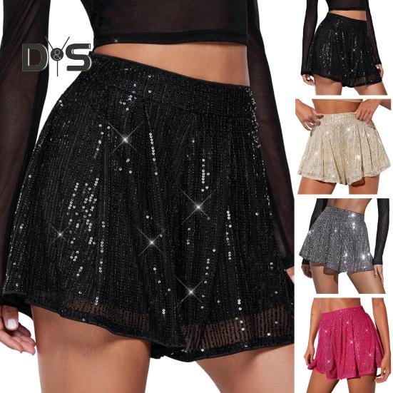 Женские шорты с пайетками, эластичные, с высокой талией, свободные, А-силуэта, однотонные, ультракороткие, выше колена, для выступлений, танцевальные шорты
