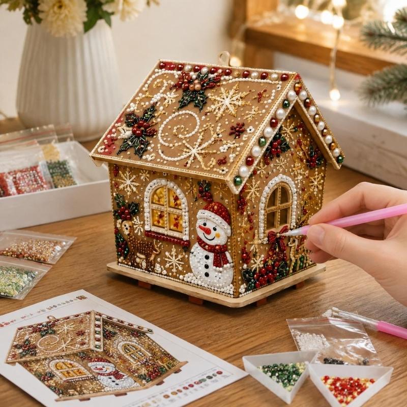 Christmas Faux Pearls Art House Set with 5 Assorted Holiday Motifs, Reflective Trim, Freestanding Stands, and Integrated Top Hangers for Display