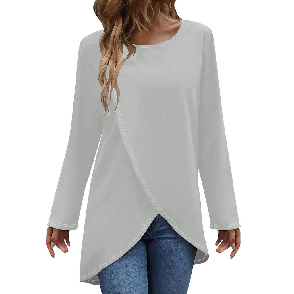 Женская модная повседневная однотонная футболка с длинным рукавом и круглым вырезом с перекрестным подолом, топ