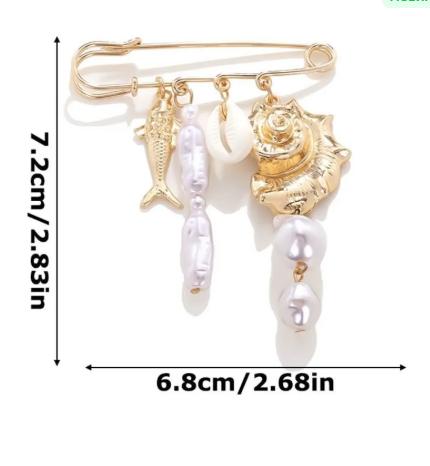 Safety Pin Brooch with Faux Pearl Pendant Fish Shell Design Metal Alloy Charm Accessory for Clothing Decoration