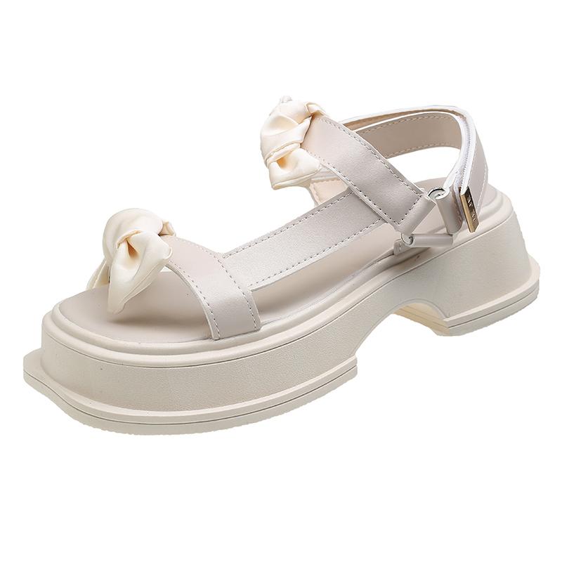 Обувь для женщин 2024 года, летние новые босоножки на толстой подошве, корейские модные босоножки с бантом, простые повседневные женские туфли с открытым носком