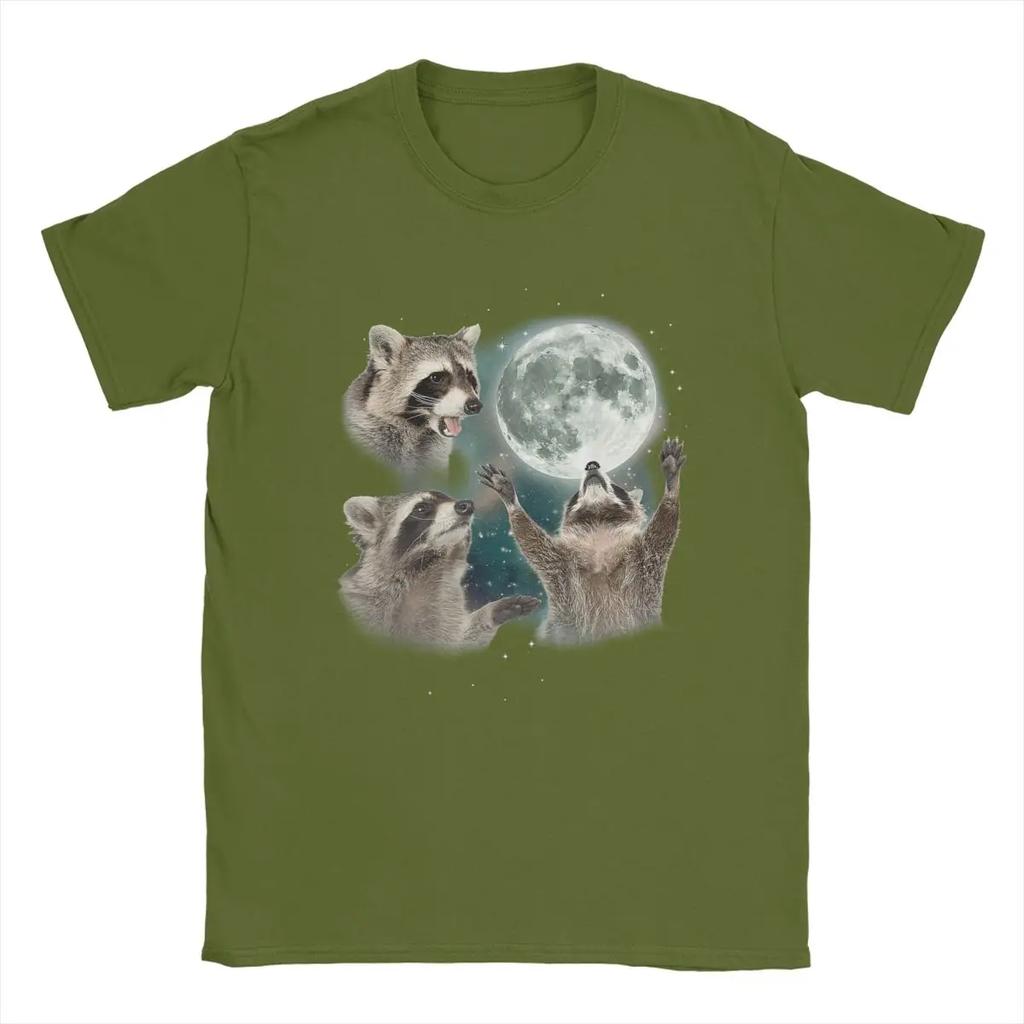 Raccoon 3 Racoons Howling At Moon T-Shirts Men Funny Weird Cursed Novelty 100% Cotton Tee Shirt Crewneck Short Sleeve T Shirts