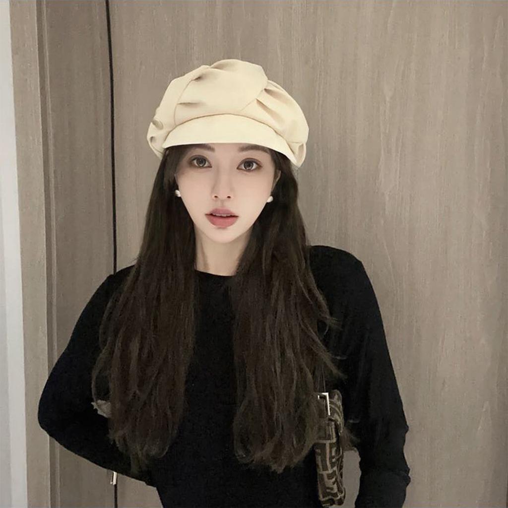 Women Cloud Pleated Newsboy Cap, Adjustable 55-59CM Octagonal Beret Hat, Large Head Circumference Visor Hat, Face Slimming Casual Hat