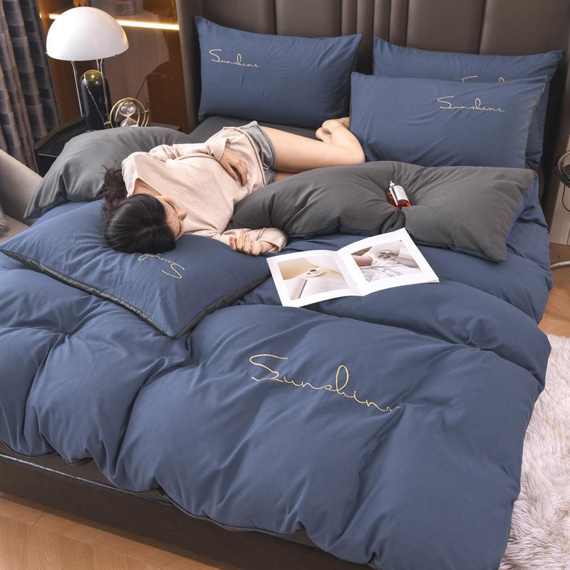 Solid Color Embroidery Simple Grinding Four-piece Set European Solid Color Embroidery Quilt Cover Bed Sheet Bedding