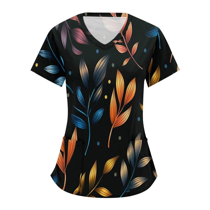 V-Neck Short Sleeve Nursing Scrub Top Women Fashionable Casual Workwear With 3D Print Design Slim Fit 2025 Collection