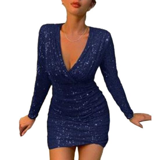 Женское праздничное платье с блестящими пайетками и глубоким вырезом с V-образным вырезом и длинным рукавом, облегающее платье-футляр, мягкое плиссированное мини-платье длиной выше колена, выпускное банкетное вечернее платье