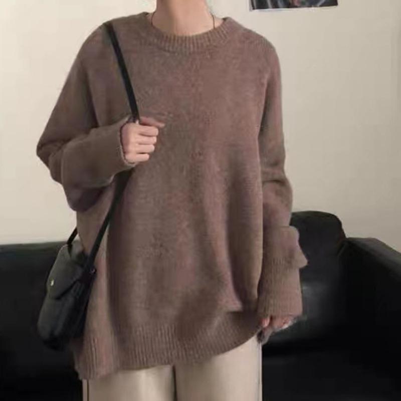 Круглый вырез свитера пуловер для женщин свободный повседневный длинный рукав однотонный простой вязаный свитер для женщин