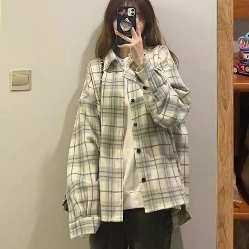 Long Sleeve Plaid Loose Fit Cotton Shirt For Women